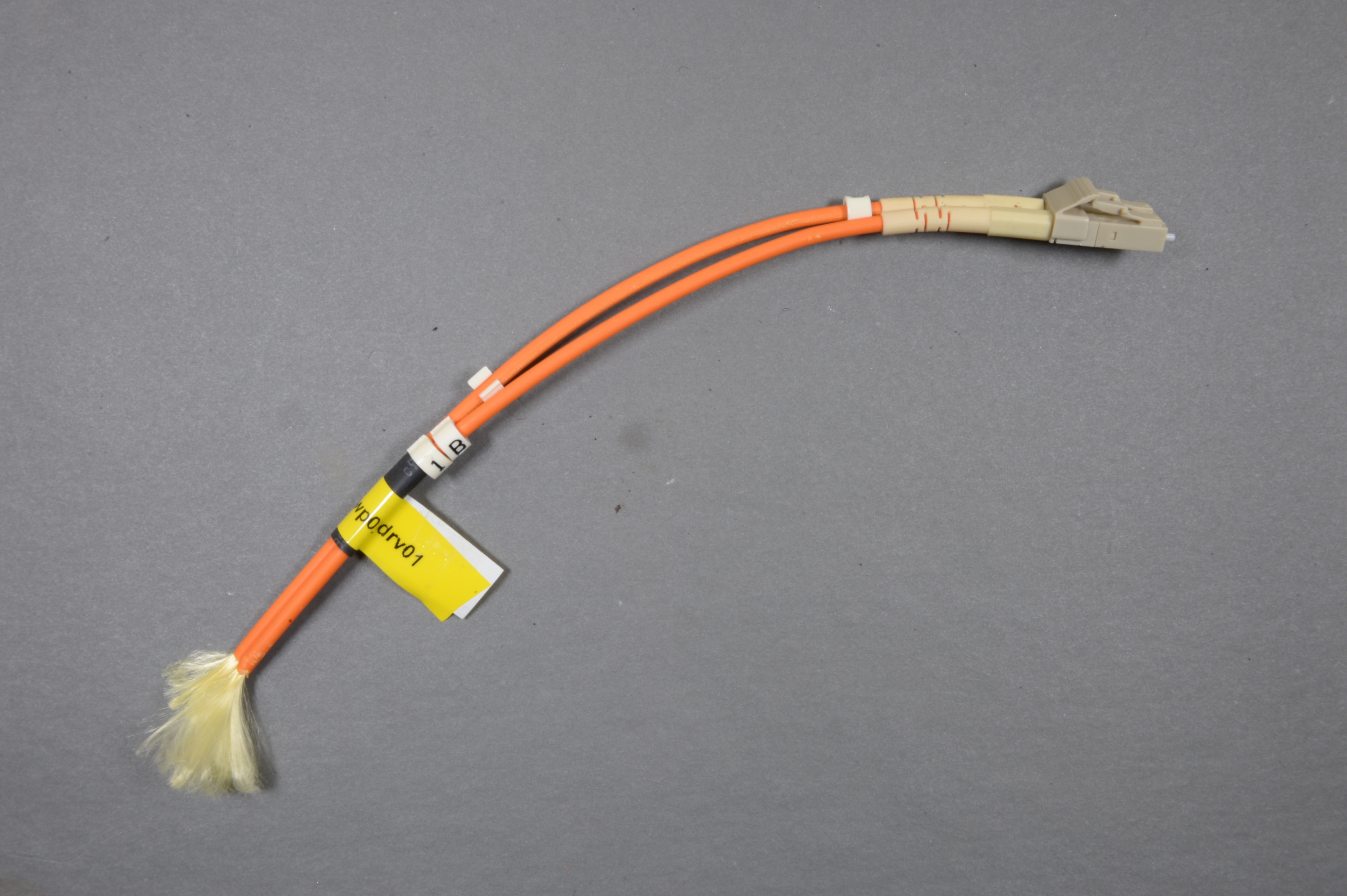 Orange optical-fibre cable with a connector and exposed fibre strands